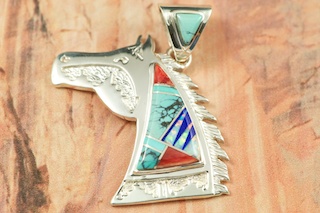 Genuine Turquoise, Spiny Oyster Shell and Blue Lapis inlaid in Sterling Silver Horse Pendant. Beautiful Fire and Ice Lab Opal Accents. Precision inlay on the Bale and Pendant. Free 18